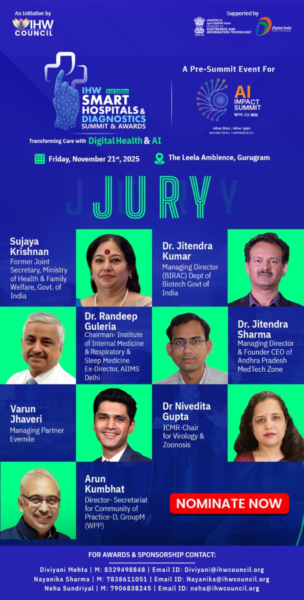 IHWCouncil's tweet image. Honoring pioneers driving India’s digital health revolution.

Meet the Jury of the 2nd Edition of IHW Smart Hospitals &amp;amp; Diagnostics Summit &amp;amp; Awards 2025— where AI, innovation &amp;amp; care converge!

🔗 To know more: ihwcouncil.org/smart-hospital…

#IHWCouncil #AIinHealthcare #SmartDiagnostics