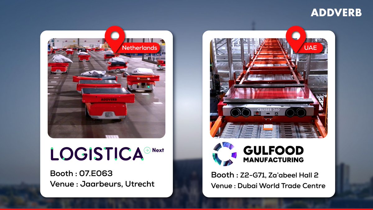 Addverb_Tech's tweet image. Two cities. One mission -transforming automation. 🌍

Catch us in Dubai &amp;amp; Utrecht as we unveil solutions that move faster, think smarter, and deliver more.

🗓️ 4–6 Nov
📍 Gulfood Manufacturing | Booth Z2-G71
📍 Logistica Next | Booth 07.E063

#Addverb #SmartAutomation…