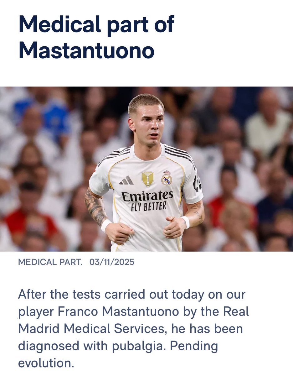 theMadridZone's tweet image. 🚨💣 OFFICIAL: Franco Mastantuono has been diagnosed with pubalgia.

Recovery period is unknown. Pending evolution.