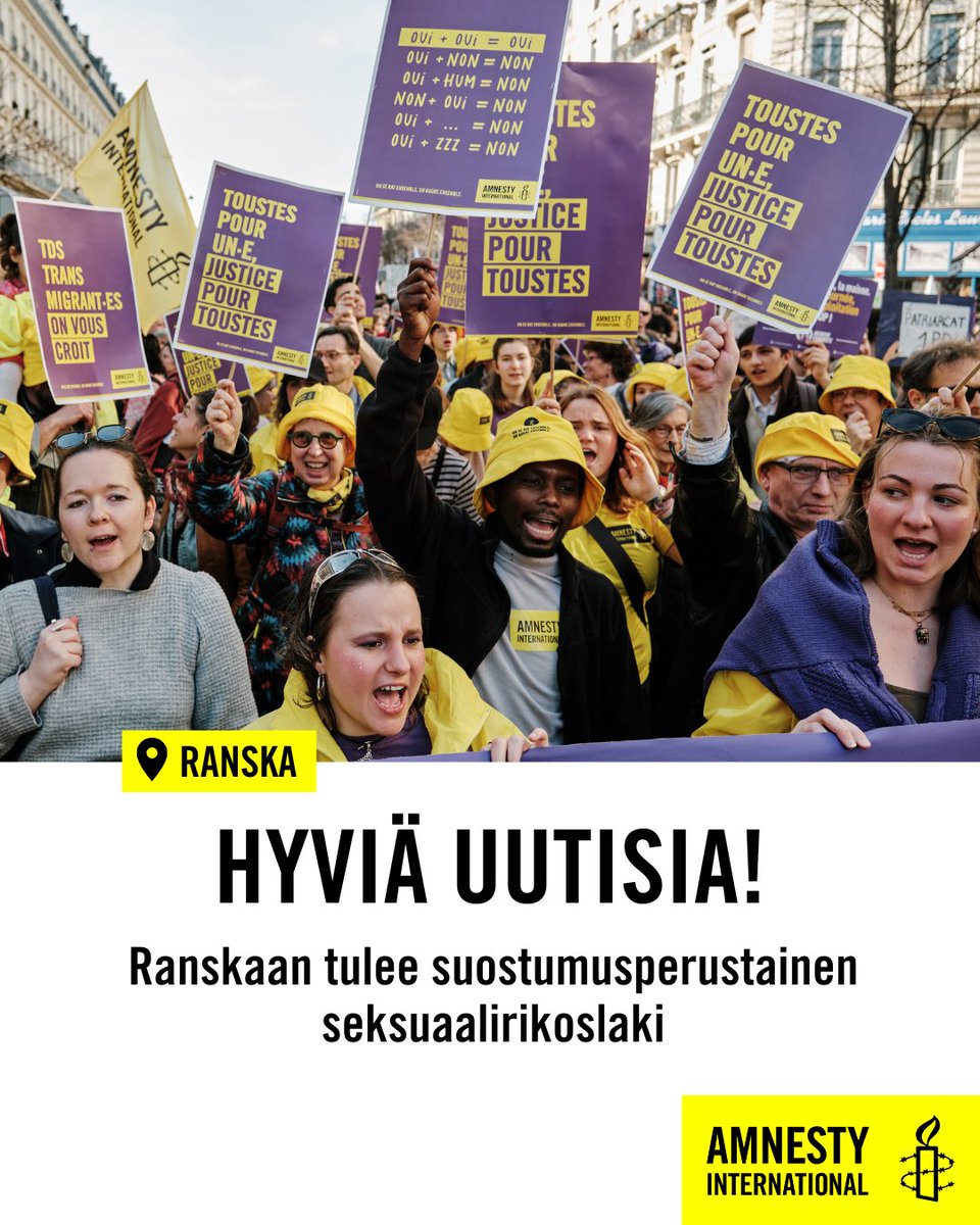 amnestyfinland's tweet photo. Pitkän kampanjoinnin jälkeen Ranskan senaatti hyväksyi viime viikolla muutoksen rikoslakiin, jonka mukaan seksi ilman suostumusta on raiskaus.

Laki auttaa juurruttamaan suostumuskulttuuria, ehkäisemään seksuaaliväkivaltaa ja parantamaan uhrien mahdollisuuksia saada oikeutta. https://t.co/GzL7ZKcthj
