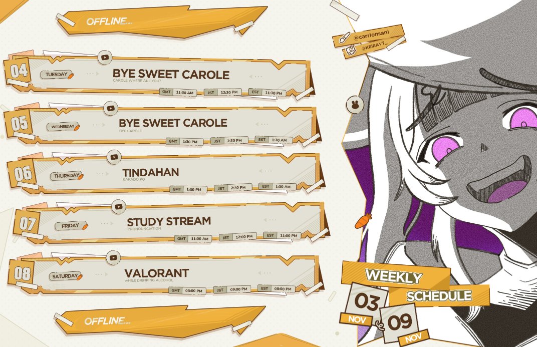 Let's continue the donothon while playing the games I’ve scheduled for this week!

✖ STREAM SCHEDULE ✖ 

[ NOV 03 - 09, 2025 ]

Thank you for the art @/carrionsani (´▽`ʃ♡