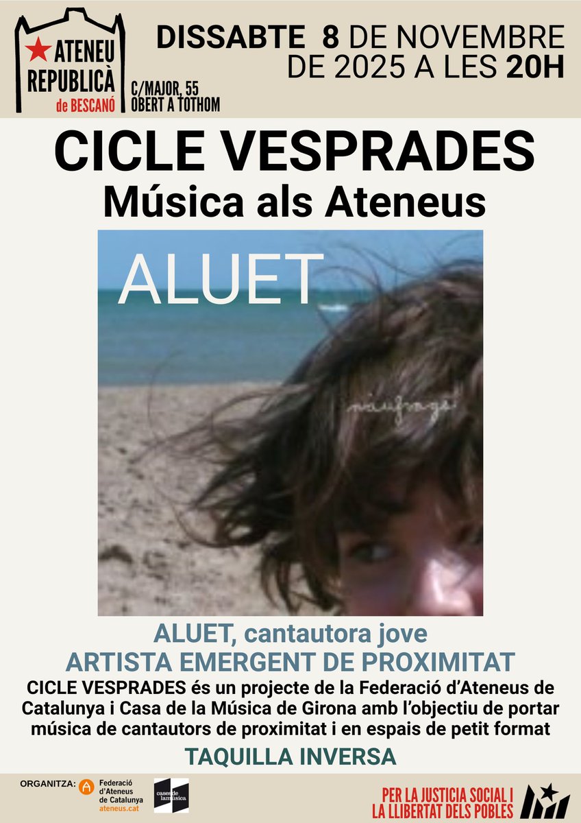 Dissabte 8 de novembre a les 8 del vespre la <a href="/AteneusCat/">Federació d'Ateneus de Catalunya</a> de Catalunya i la Casa de la Música de Girona porta a l’Ateneu *ALUET*, una cantautora jove i artista emergent de proximitat, dins el Cicle Vesprades, 
Música als Ateneus. 
Música en català, a tocar de casa. NO HI FALTEU!