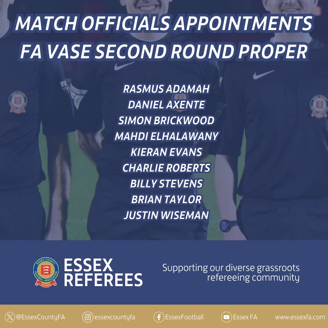 🏆 Congratulations and good luck to the 9⃣ <a href="/EssexCountyFA/">Essex County FA</a> match officials who have been appointed to The FA Vase Second Round Proper for this coming weekend.