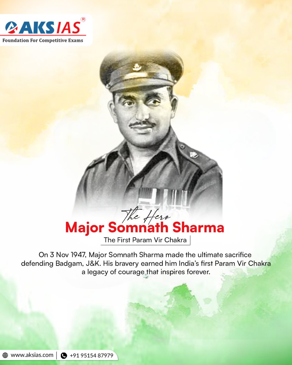 aks_ias's tweet image. On this day in 1947, Major Somnath Sharma laid down his life defending Badgam, J&amp;amp;K, becoming India’s first Param Vir Chakra awardee. 

His courage set the tone for generations of warriors.
Salute to every hero who stood tall when it mattered most.

#MajorSomnathSharma #AKSIAS