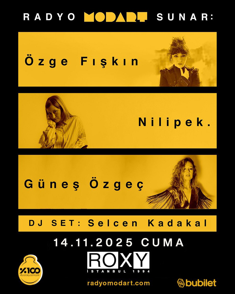14.11.2025 Radyo Modart konserleri serisinde Özge Fışkın Nilipek. ve Güneş Özgeç sahnede, Selcen Kadakal DJ kabininde.

bubilet.com.tr/istanbul/etkin…