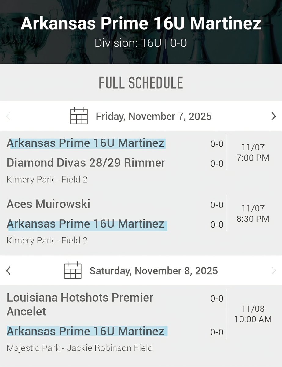 This weekend the ladies are competing in the Diamond State Invitational hosted by <a href="/DiamondLegacyEv/">Diamond Legacy Events</a>

Tournament Bracket:
tourneymachine.com/R168215

GC:
web.gc.com/teams/c96V17mm…

FieldLevel:
fieldlevel.com/app/organizati…

<a href="/ar_prime_sb/">ARPrimeSB</a>   #PrimeArmy

<a href="/aspynn2027/">@aspynnsoftball2027</a> <a href="/bianca_bat14/">Bianca Battistone</a> <a href="/tessa_smithsb88/">Tessa Smith</a>