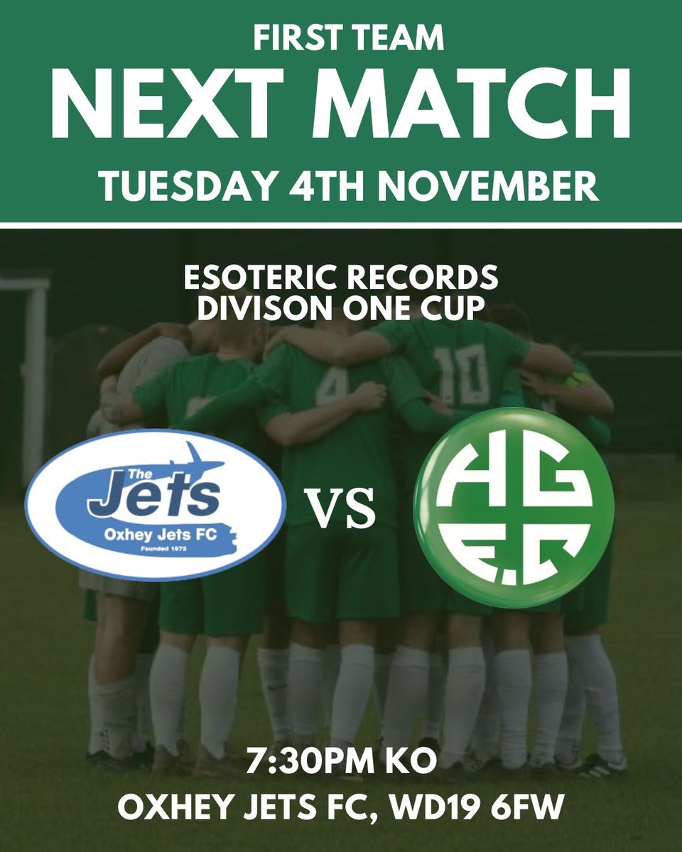NEXT MATCH: OXHEY JETS FC VS HOLMER GREEN FC🔥

This Tuesday our First Team face Oxhey Jets FC, away in the Esoteric Recordings Division One Challenge Cup.

⏰ 7:30pm Kick Off 

Make sure to come along and show your support 💚

#greenarmy