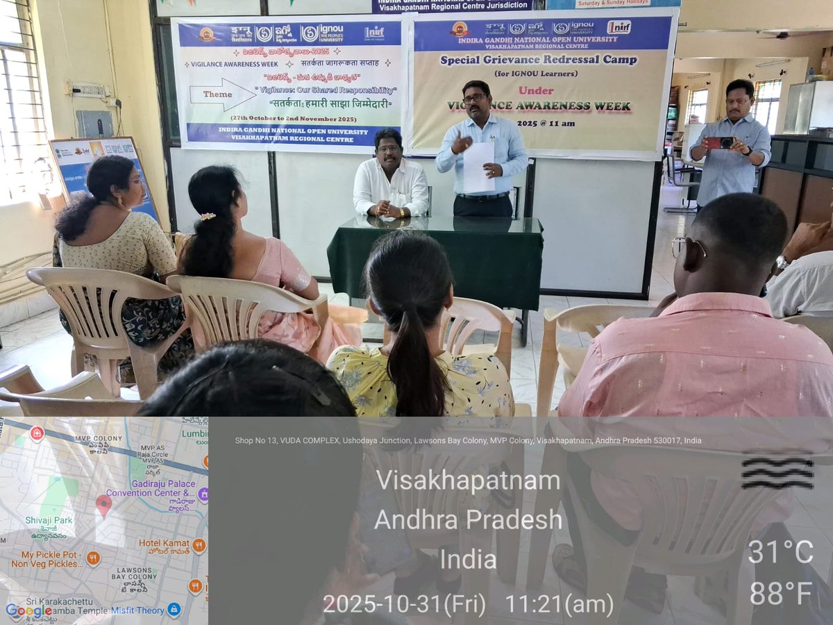 On the eve of Vigilance week 2025 a Special Face to Face Grievance Redressal Drive was organised by RC Visakhapatnam on 31st October 2025 at 11 am. issues related to Admission, Assignment, Project, Practical and Examination have been addressed.
<a href="/OfficialIGNOU/">IGNOU</a> <a href="/DirectorRs55109/">Regional Services Division, IGNOU</a>