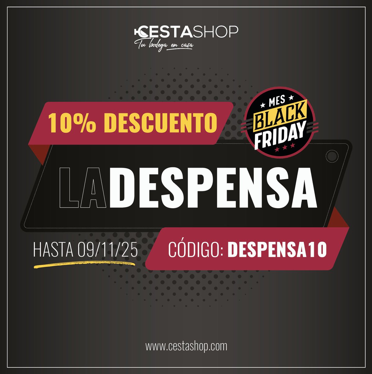 ¡Cómo gusta empezar así el día!
Esta semana, comienza el #MesBlackFriday y lo celebramos con un 10% de descuento en la nueva sección #ladespensa tanto en Alimentación como en Menaje.
¡Y solo estará activo unos días! 🛒

cestashop.com/la-despensa-14…

#FelizLunes #TuBodegaEnCasa