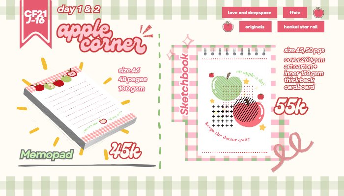 laupple's tweet photo. rts appreciated 🌹

my #CF21 pre-order form is finally up !! thank you, oomfs, for whipping me in shape 🥀 

first 10 ppl to fill the form with coupon code >PL4YFF14< gets a 5k off with min. 50k purchase ✨️

🍎 both days
🍏 ffxiv/ff14, hsr, lads/l&amp;ds, apples, etc

link 👇
[1/2] https://t.co/HIOlG8T1fU