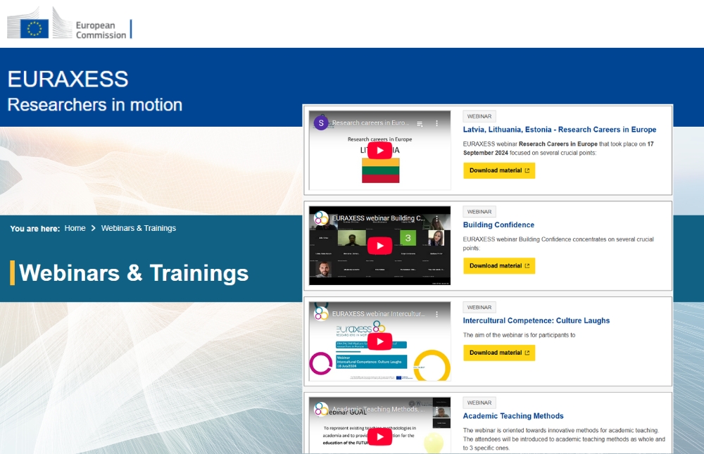 ¿Buscas formación o recursos para impulsar tu carrera investigadora?💡

La sección Webinars &amp; Trainings de <a href="/EURAXESS/">EURAXESS</a> ofrece seminarios online gratuitos sobre movilidad, financiación y desarrollo profesional.

🔗 euraxess.ec.europa.eu/webinars/search