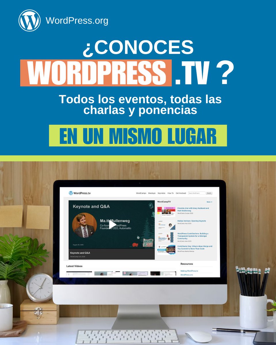 WordPress.tv, es la plataforma donde puedes ver charlas, talleres y entrevistas de eventos #WordPress de todo el mundo y en todos los #idiomas.

Hay vídeos de ponentes compartiendo trucos, buenas prácticas, éxitos y novedades sobre #diseño, #desarrollo y #comunidad.