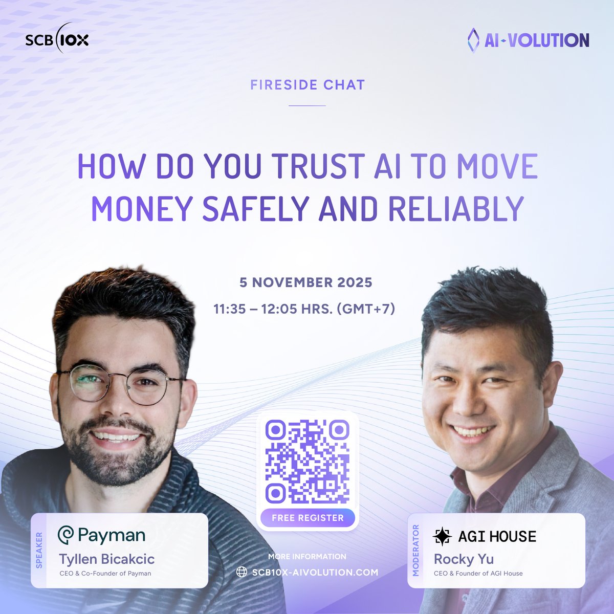 Join the insightful session at #AIVOLUTION with <a href="/0xTyllen/">tyllen</a> of <a href="/PaymanAI/">Payman</a> &amp; Rocky Yu of <a href="/agihouse_org/">AGI House</a>  

In session of “How do you trust AI to move money safely and reliably” 

📌FREE Registration: luma.com/qofog8tu (access reserved for registered attendees only)  #SCB10X #AI