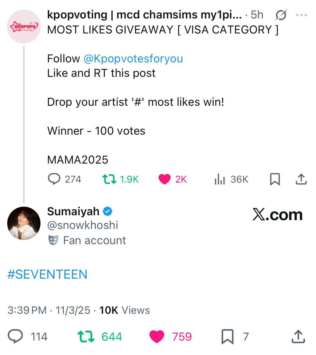 MOST LIKES GET 100 VOTES! CARATS LIKE THE TWEET BELOW NOW AND FOLLOW <a href="/Kpopvotesforyou/">kpopvoting | mcd chamsims my1pick MAMA Fans choice</a> + like rt the post! #2025MAMAVOTE #SEVENTEEN