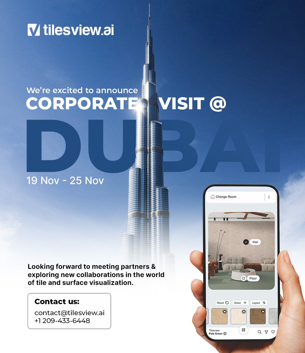 TilesVisualizer's tweet image. We’re visiting Dubai for corporate business meetups &amp;amp; collaborations in Tile + Surface Visualization.

📅 19 – 25 Nov 2025
📍 Dubai, UAE
Let’s Connect for Meetings, Partnerships &amp;amp; Brand Integrations.

✉️ contact@tilesview.ai
📞 +1 209 433 6448