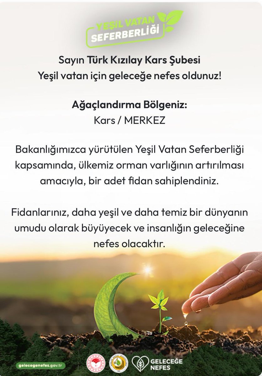 Cumhurbaşkanımız Sn. Recep Tayyip Erdoğan'ın başlattığı #YeşilVatanSeferberliği'nde bir fidan doğduğum topraklar için, bir fidan da doyduğum topraklar için sahiplendim. 

Yeşil vatanın her karışı güzel, her karışına can feda…

⁦<a href="/ziyapolat73/">Ziya POLAT</a>⁩
<a href="/KarsValiligi/">T.C. Kars Valiliği</a>