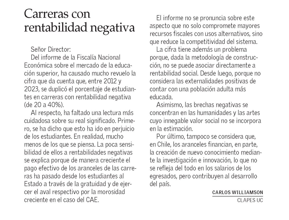 [CARTA <a href="/__elmercurio/">El Mercurio</a>] Nuestro investigador principal Carlos Williamson sostuvo que el aumento de #estudiantes en carreras con rentabilidad negativa no afecta tanto a los #alumnos, pues el Estado asume gran parte del costo. Además, advirtió que esa cifra no refleja la rentabilidad