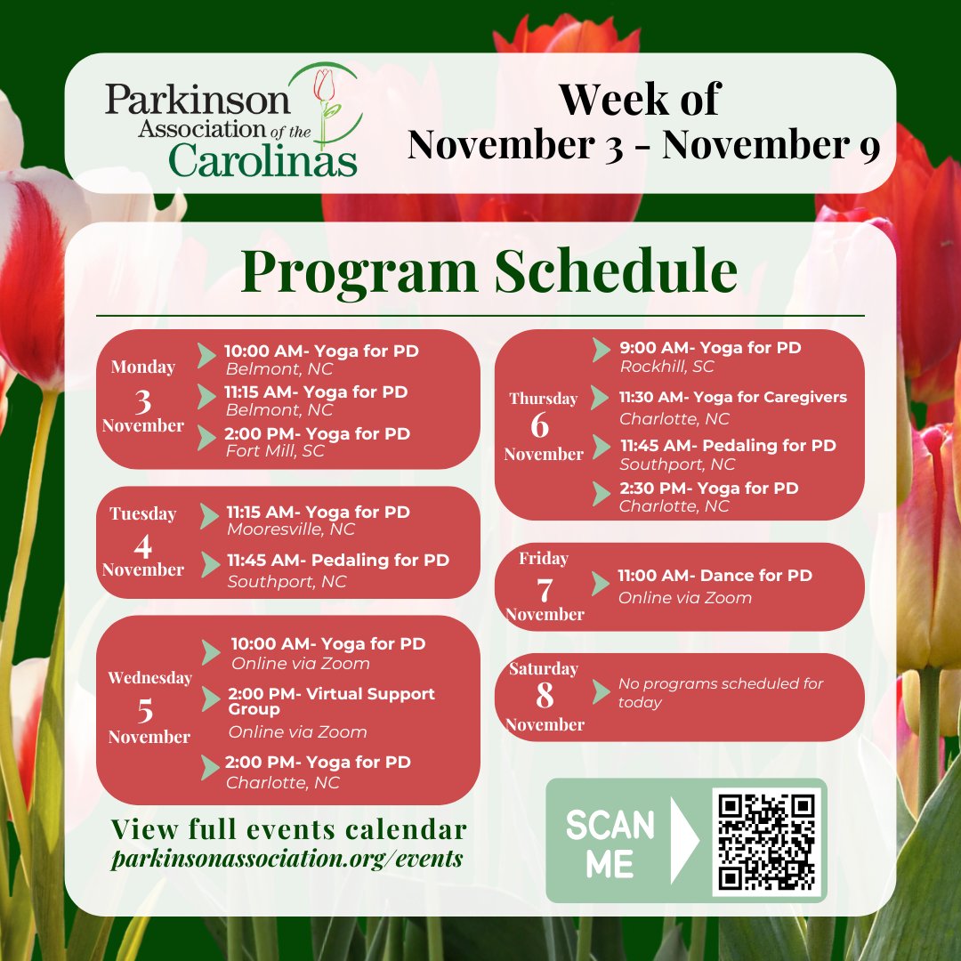 ParkinsonAssoc's tweet image. 🌟 PAC Weekly Roundup (Nov 3–9) 🌟 Join us for yoga, pedaling, dancing &amp;amp; a virtual support group! 🧘🚴🕺💻 ✨ Stay active: parkinsonassociation.org/events/ #PACPrograms #TeamPAC
