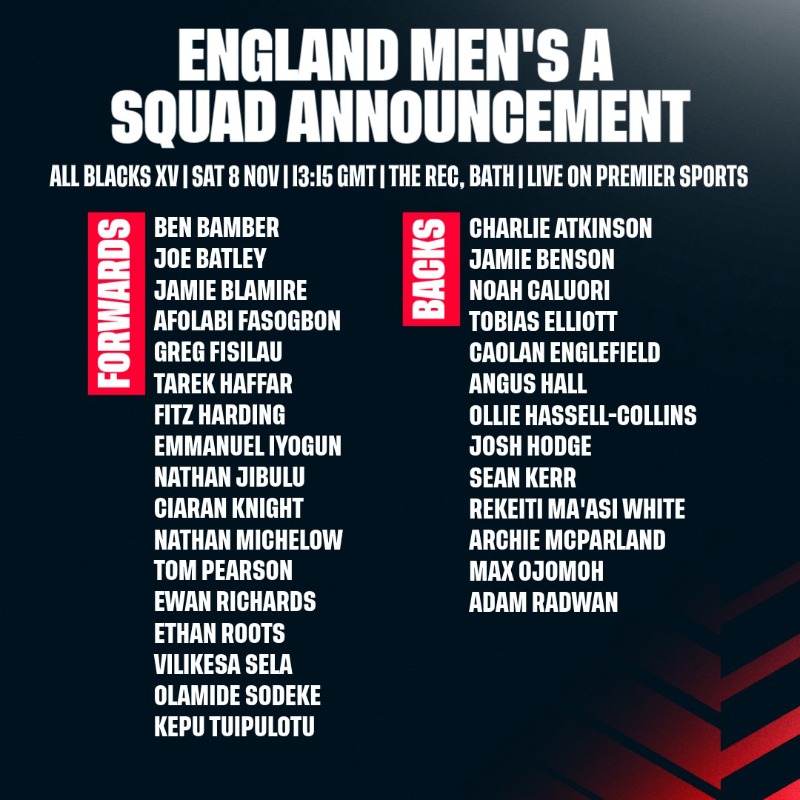 EnglandRugby's tweet photo. Ready to represent 🌹

Mark Mapletoft has named a 30-player England Men's A squad to prepare to face All Blacks XV in Bath on Saturday.