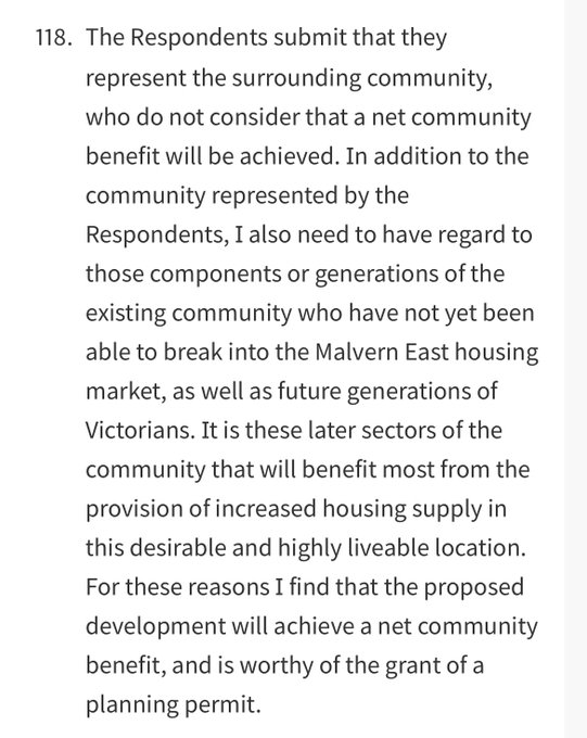 peter_tulip's tweet photo. Our planning system mainly considers the interests of local residents, so blocks new housing, making it unaffordable.
If instead it also considered the interests of outsiders, then we would have abundant inexpensive housing.  As in this VCAT decision by Michael Deidun.  1/2 https://t.co/n81OyPpl4s
