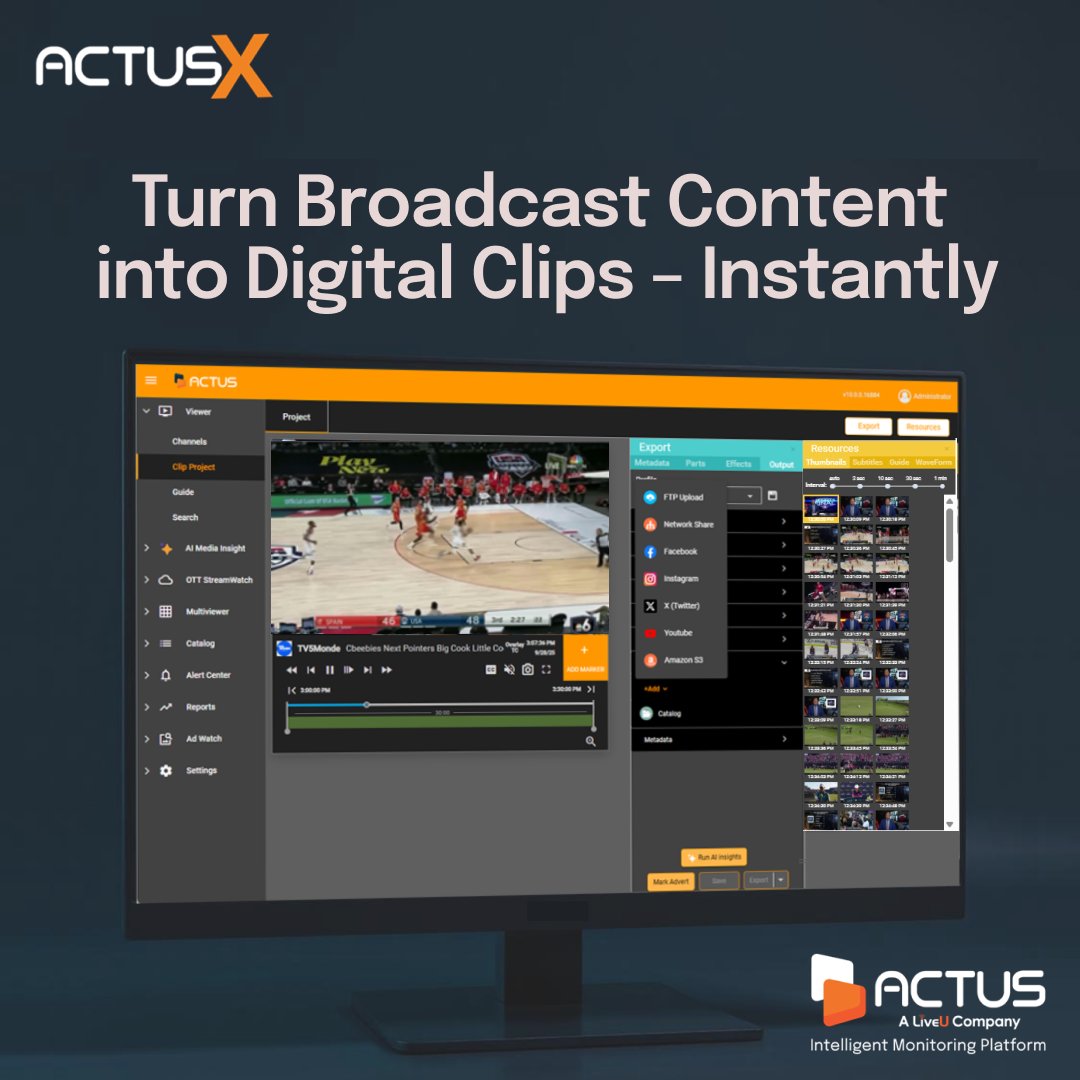 ActusDigitalTM's tweet photo. What else can your Compliance Monitoring do for you?  Instant Clipping &amp; Publishing

With Actus X Clip Factory Pro, your fastest clipping tool, users instantly extract and publish broadcast moments to web, OTT, and social platforms – right from the same interface. https://t.co/zyQynSlU3I
