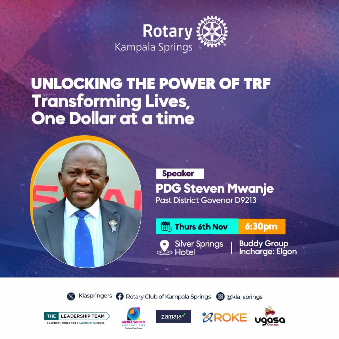 KlaSpringers's tweet photo. Join us this Thur,6th Nov. at 6:30PM as PDG Steven Mwanje takes us through“Transforming Lives, One Dollar at a Time.”

Come learn how every contribution to The Rotary Foundation fuels impactful projects and changes lives. 

📍 Silver Springs Hotel
👥 Powered by: Elgon Buddy Group https://t.co/txYDInjuoV