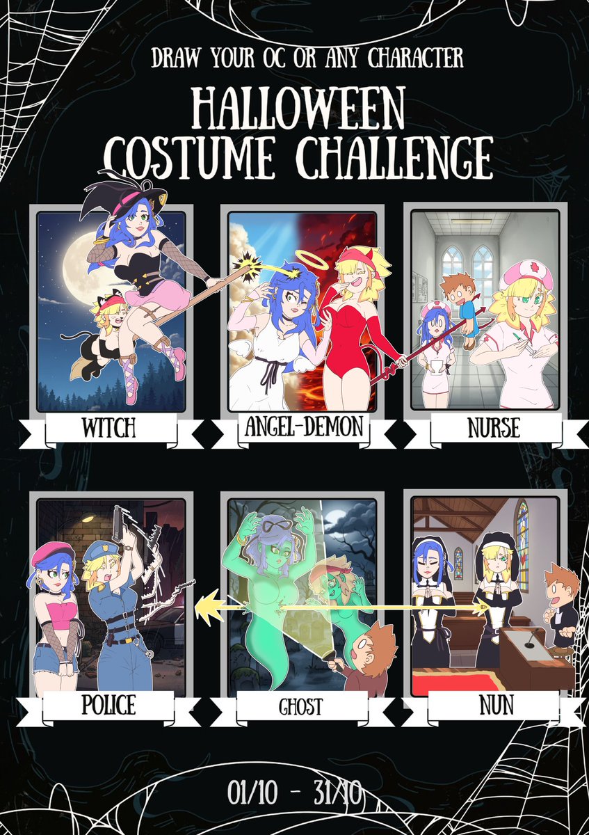 Este challenge lo hice para una dinámica de un grupo de WhatsApp de <a href="/xBONYx_/">🌸 𝔁𝓑𝓞𝓝𝓨𝔁 🌸</a> y <a href="/Nimielx/">🔞 Nimiel 🔞 (Comms Open)</a> 
La imagen muestra a Naia (la de cabello azul) y Ruvy (la de cabello rubio) en varias situaciones las cuales afectan a la siguiente situación. #Halloween2025