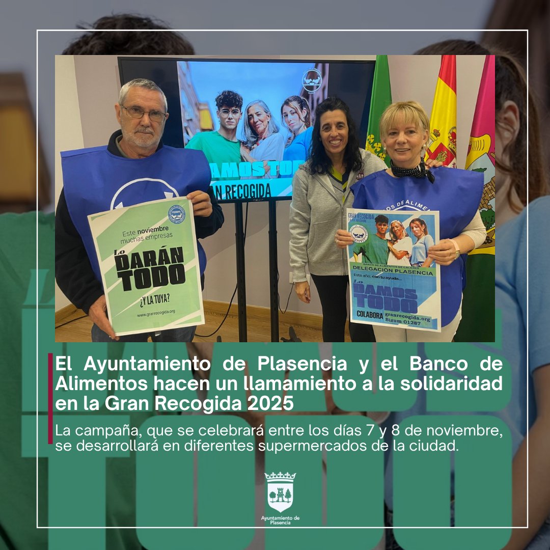 🥫 ¡Plasencia se une a la Gran Recogida de Alimentos!
Este viernes 7 y sábado 8 puedes donar en Carrefour, Mercadona, Aldi, Día y Grupo Más. Cada aportación ayuda a familias y personas vulnerables 💛
#GranRecogidaPlasencia #Solidaridad #BancoDeAlimentos