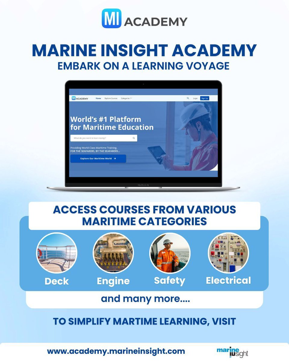 MarineInsight's tweet image. 🚢Explore a wide range of maritime courses with #MarineInsight Academy! From #Deck &amp;amp; #Engine to Safety, Electrical, and much more – simplify your #maritime learning journey today. 

Start exploring now: 🌐tinyurl.com/yr9pd72d

#Seafarer #Seafarers #Sailor #Seaman #shipping