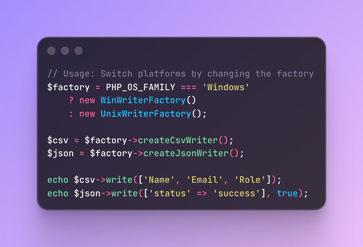 🏭 Abstract Factory = object creation made elegant.

Perfect for:
✅ Multi-platform apps (Windows/Unix/Mac)
✅ Swappable export formats (CSV/JSON/XML)
✅ Theme systems (Dark/Light)
✅ Test mocking without refactoring

One interface, unlimited implementations 🚀

#PHP