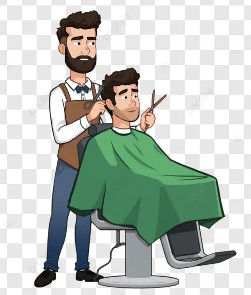 Cartoon illustration depicts a bearded barber in a white shirt and vest holding scissors while trimming the hair of a seated male customer draped in a green smock, with the customer smiling and the barber standing attentively behind a metal chair.