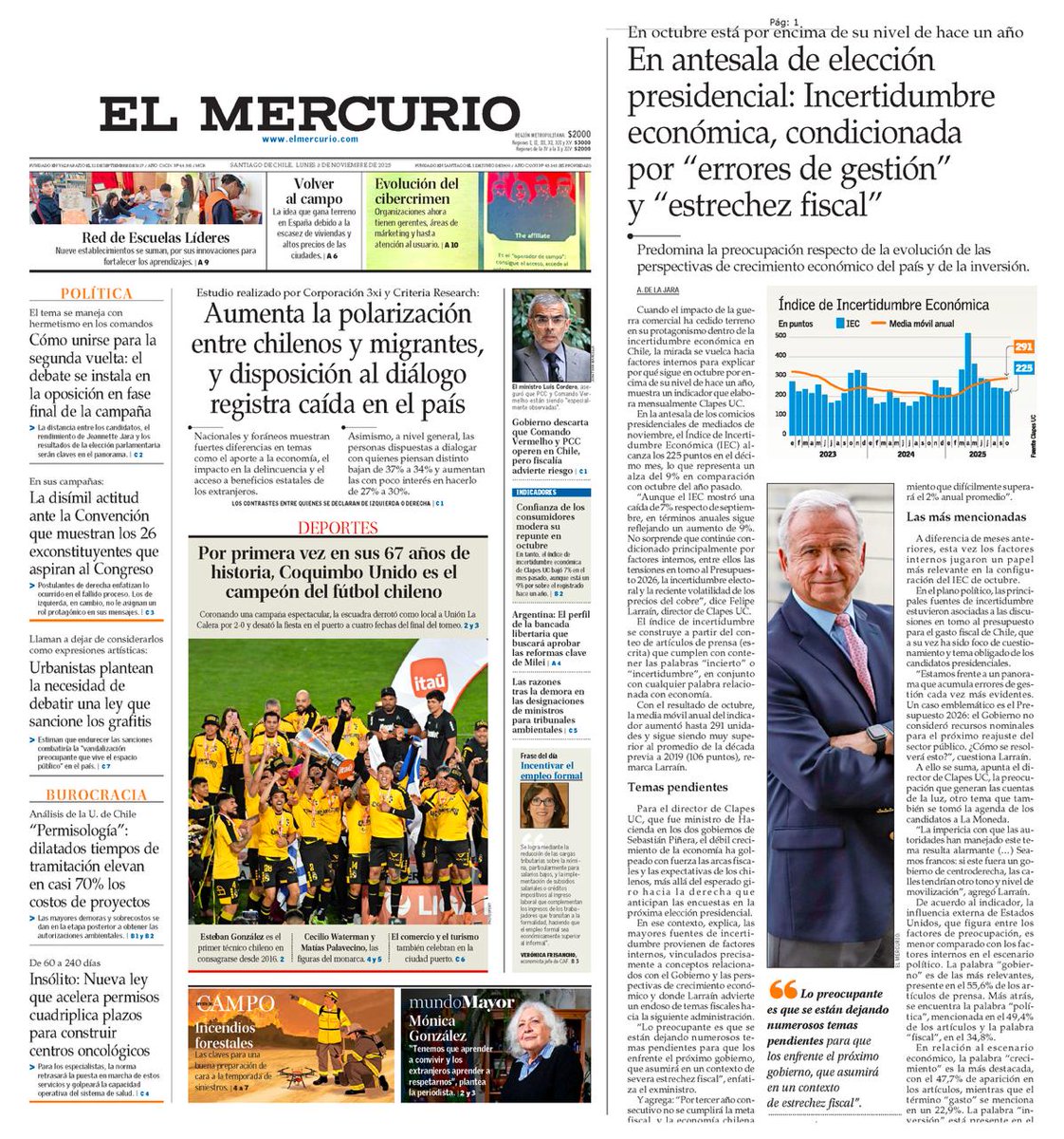 [PORTADA <a href="/__elmercurio/">El Mercurio</a>] Nuestro Índice de #Incertidumbre Económica (#IEC) aumentó 9% en comparación con octubre del año pasado, reflejando que la incertidumbre sigue en niveles altos por factores internos como el debate presupuestario, el clima electoral y la debilidad del