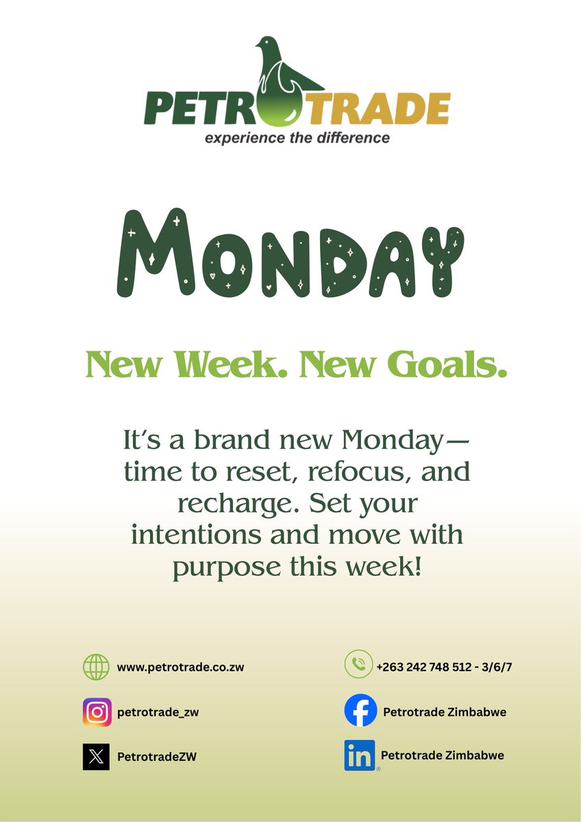 PetrotradeZW's tweet image. Happy Monday.  Start strong with new goals 
#MondayMotivation #NewWeekNewVibes #Petrotrade # ExperienceTheDifference