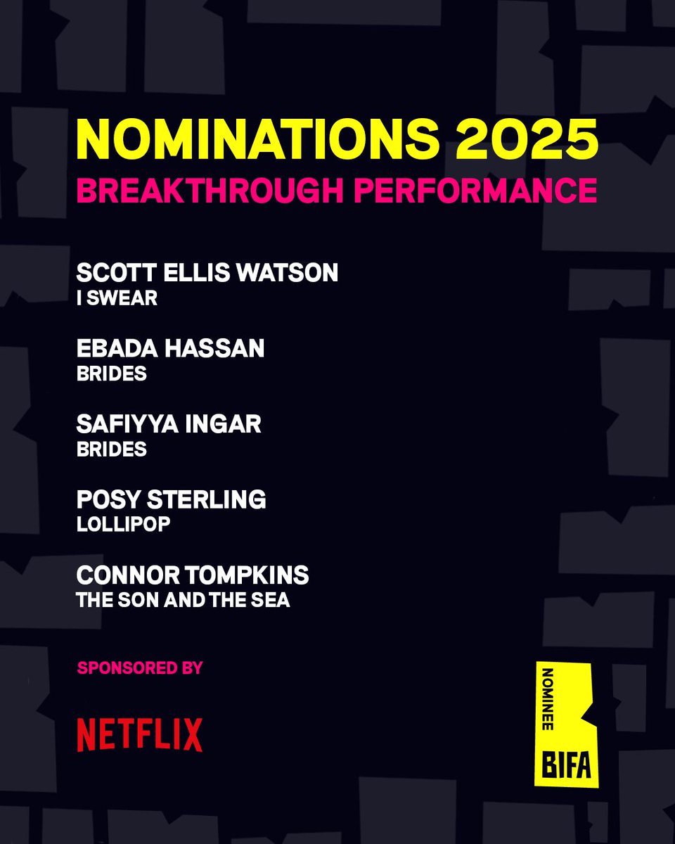 <a href="/KiaUK/">Kia UK</a> <a href="/LewesDepot/">Lewes Depot</a> <a href="/TheTywynCinema/">The Magic Lantern</a> <a href="/QFTBelfast/">Queen's Film Theatre</a> <a href="/wshed/">Watershed</a> <a href="/Taittinger_INTL/">Champagne Taittinger</a> The #BIFA2025 nominees for Breakthrough Performance sponsored by <a href="/NetflixUK/">Netflix UK & Ireland</a> are: 

SCOTT ELLIS WATSON, I Swear
EBADA HASSAN, Brides
SAFIYYA INGAR, Brides
POSY STERLING, Lollipop
CONNOR TOMPKINS, The Son and the Sea