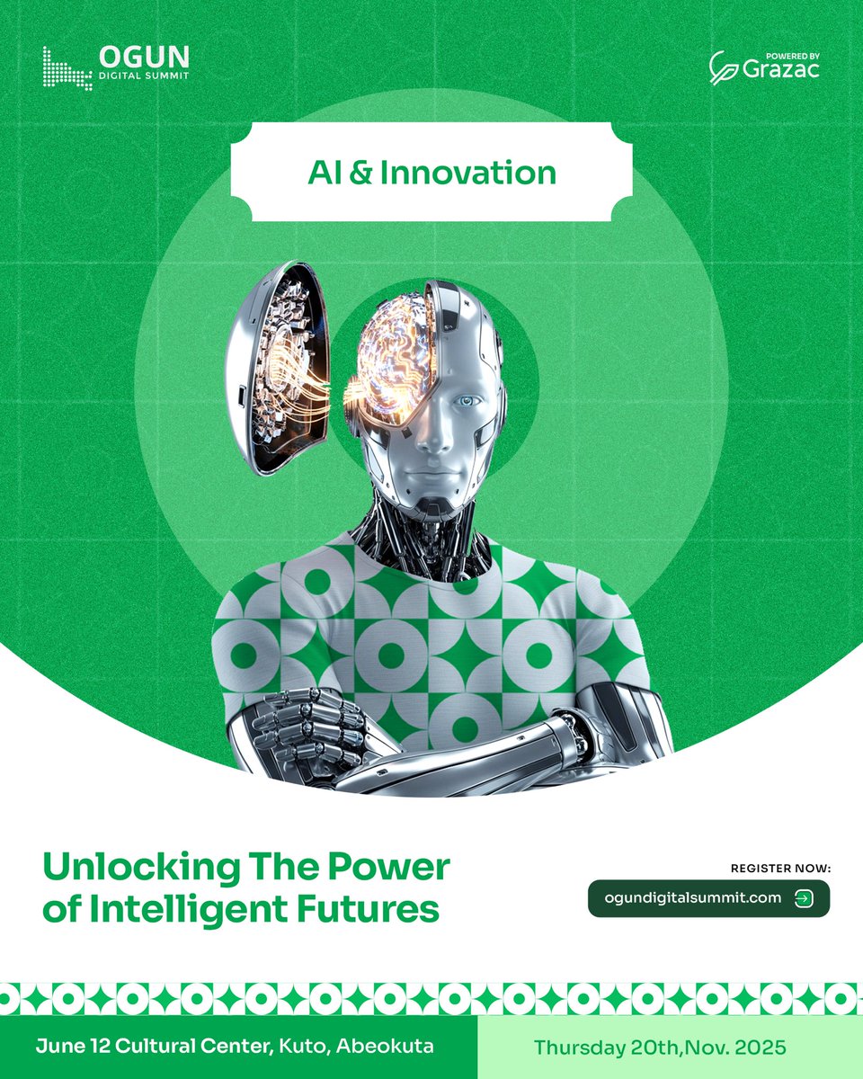 Content Track: AI &amp; INNOVATION 

How artificial intelligence is reshaping industries and unlocking new possibilities. Discover bold ideas, groundbreaking solutions, and digital tools that empower intelligent growth at Ogun Digital Summit 2025.

Be part of the conversation.
Visit: