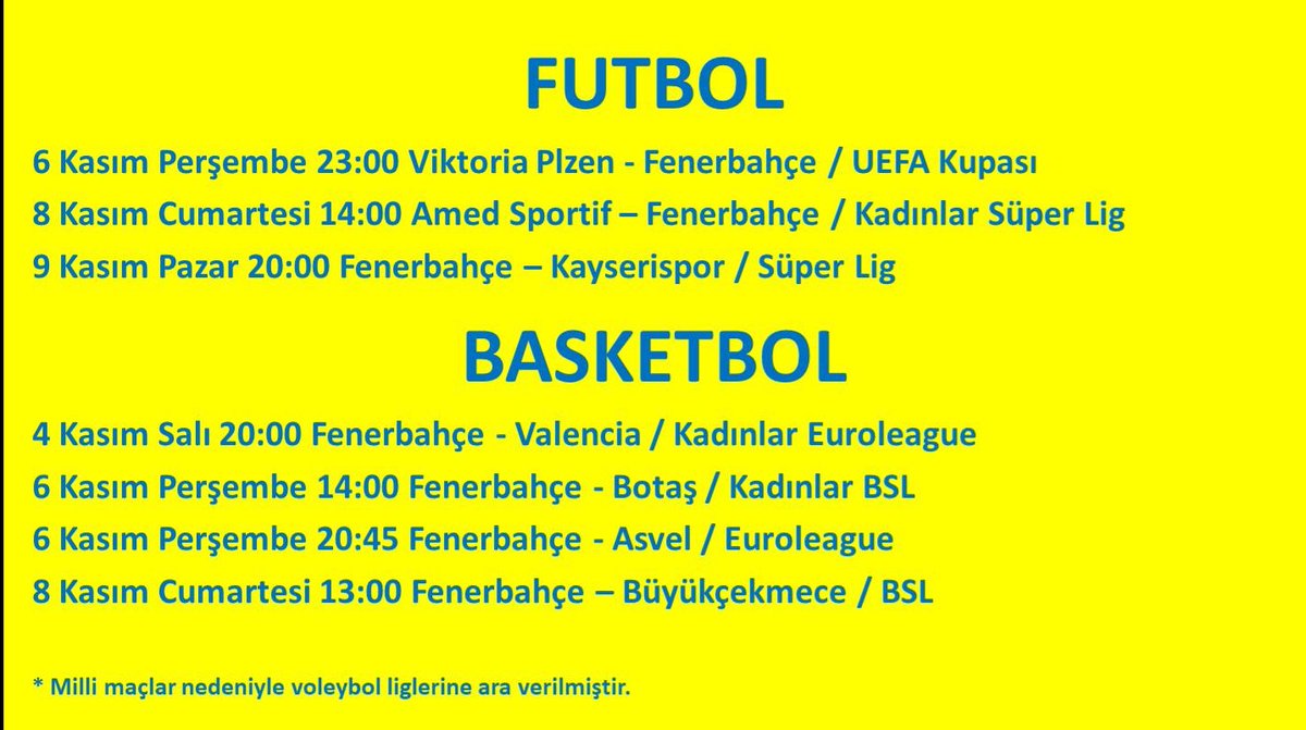 Haftanın #Fenerbahce  programı 👇
