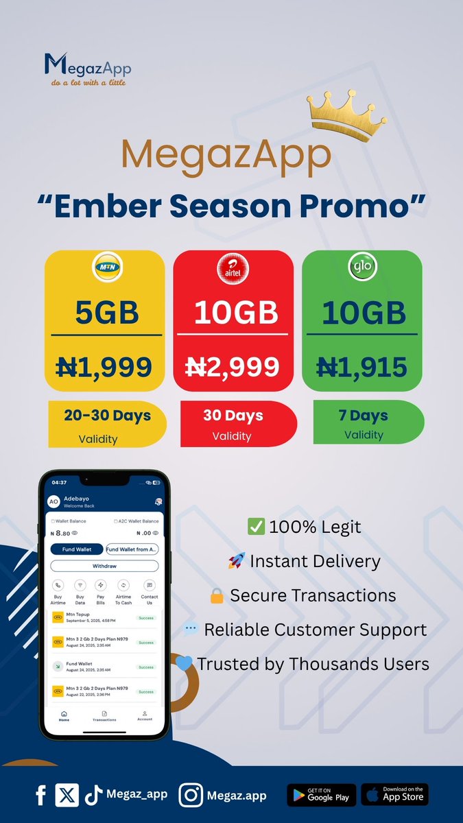 Megaz_app's tweet image. ‘Ember deals that keep you connected!
Stay connected this ‘Ember Season with Mega data discount!
Get more data, spend less. Only on MegazApp! your favorite top-up app  💛🔥 
#megazapp #databundle #nohassle #fasttransaction #BlackFriday