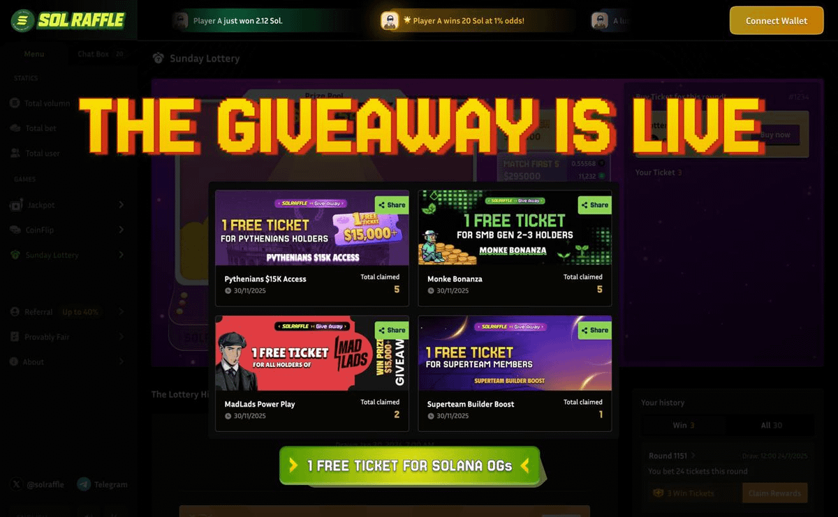 🎰 SOLRAFFLE GIVEAWAY HUB IS LIVE!

On-chain Gaming on @Solana just levelled up!

Drop new perks weekly on <a href="/raffledotsol/">Sol Raffle</a>

🎯 Kicking off with biggest drops for SOLANA OGs: <a href="/MonkeDAO/">MonkeDAO🍌</a>, <a href="/MadLads/">Mad Lads</a>, <a href="/PytheniansNFT/">Pythenians</a>, <a href="/superteam/">Superteam</a> &amp; <a href="/elander_nft/">E-Lander</a>

Even <a href="/SolanaFloor/">SolanaFloor</a> is watching our space 👇