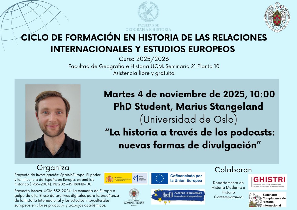 CarlosSanzDiaz's tweet image. Mañana martes a las 10 h os esperamos en @geohisucm  con Marius Stangeland, investigador predoctoral de la Universidad de Oslo que nos presentará su investigación sobre podcasts de historia ¡No faltéis! 🎙️📻😀