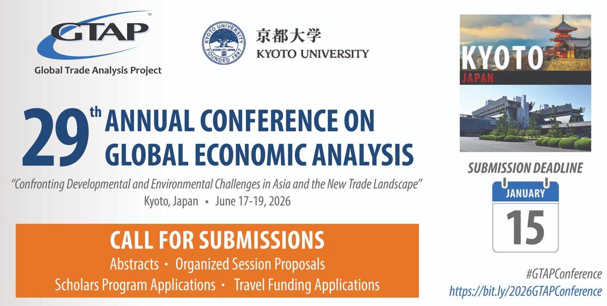 GTAP_Purdue's tweet image. #GTAPConference - Call for Submissions 🇯🇵 🗾 🇯🇵

🔹Abstracts
🔸Organized Session Proposals
🔹Scholars Program Applications
🔸Travel Funding Applications

🗓️Deadline: January 15 (US Eastern Time)

gtap.org/events/Confere…

#GTAP @KyotoU_News #Kyoto #Japan