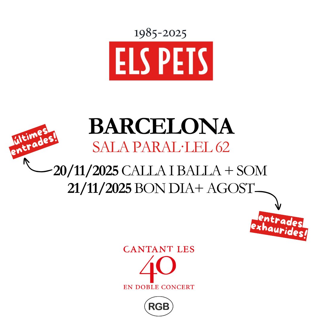 EXHAURIDES les entrades pel concert de “Bon dia” i “Agost” a la sala Paral·lel 62! Moltíssimes gràcies!! ❤️

Correu, que encara en queden algunes pel concert de “Calla i balla” i “SOM”! 🎟️🏃🏽‍♂️👇🏻 entradas.codetickets.com/entradas/els-p…