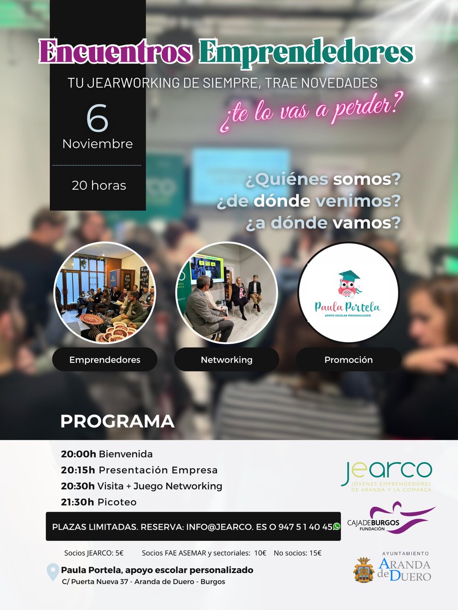 #emprendedores #ArandadeDuero 
El jueves, 6 de noviembre, organizamos con <a href="/Jear_CO/">JearCO</a>  un encuentro dirigido a impulsar las sinergias entre los emprendedores de la comarca de La Ribera
👉🏻Conoceremos la experiencia de Paula Portela, Apoyo Escolar Personalizado
jearco.es/encuentro-empr…