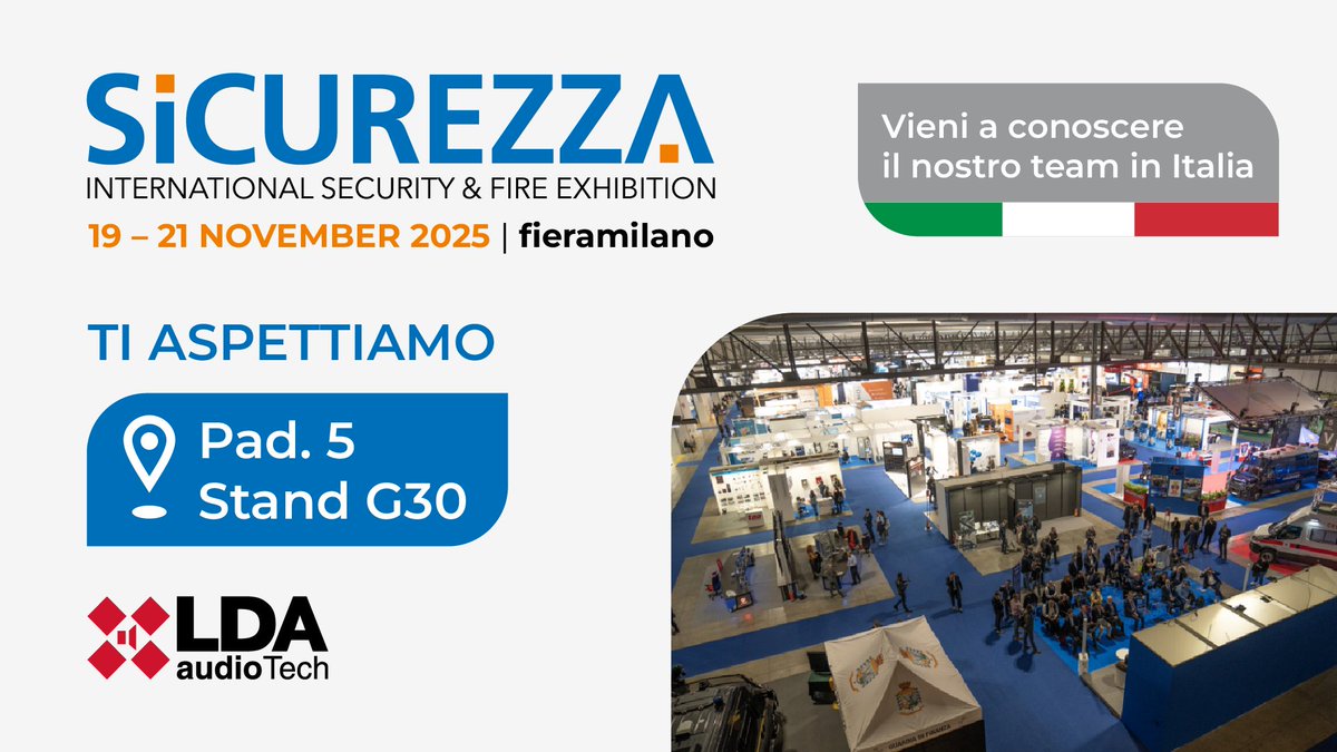 L’Italia è un mercato chiave per la sicurezza e l’antincendio.
Quest’anno saremo a <a href="/SICUREZZA2023/">SICUREZZA2023</a> con uno stand tutto nostro per incontrare partner e clienti.

📍Pad. 5, stand G30
📅19–21 novembre
📌Fiera Milano (Rho)

#LDA #LDAAudioTech #Sicurezza2025 #PAVAsystems #EN54