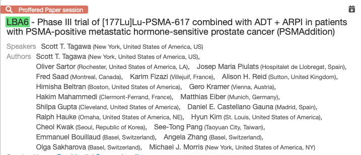 APCCC_Lugano's tweet photo. PSMAddition Presented at #ESMO25 
Phase III trial of [177Lu]Lu-PSMA-617 combined with ADT + ARPI in patients with PSMA-positive metastatic hormone-sensitive prostate cancer 

https://t.co/T7tYCf4R04

Adding [¹⁷⁷Lu]Lu-PSMA-617 to ADT + ARPI in patients with PSMA+ metastatic hormone-sensitive #ProstateCancer (mHSPC) led to a significant improvement in radiographic PFS, meeting the study’s primary endpoint. With over 1,100 patients enrolled, the benefit was consistent across subgroups, and early data show a positive OS trend. 

These results mark the first phase 3 evidence supporting radioligand therapy in mHSPC, signaling a potential shift in the standard of care.

@DrScottTagawa
@sartor_oliver
@fizazikarim
@Ckh6vxbc8yHakim
@MatthiasEiber
@shilpaonc
@cdanicas
@rhaukemd
@adapthyun 

@OncoAlert 🚨
@Silke_Gillessen 
@AOmlin 
@nataliagandur