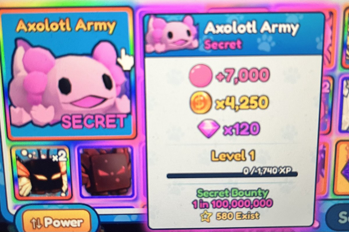 pixiedust10922's tweet photo. Yey finally got the secret bounty Axolotti itβs soo cute - #bgsi #BubbleGumSimulatorINFINITY https://t.co/9kBFjwA5lp