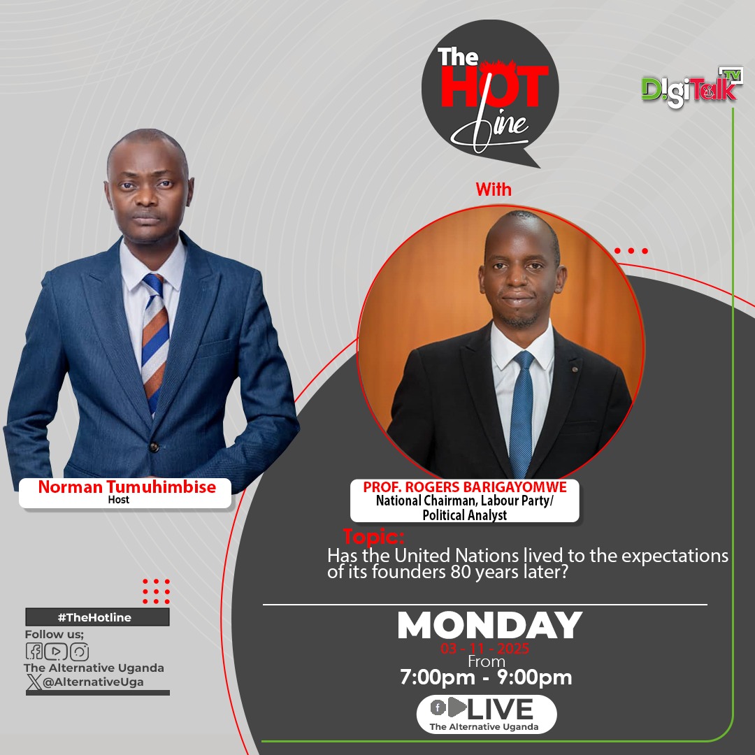 Tonight at 7 pm on the #Hotline show, we shall host Maj. Awich Pollah, <a href="/NRMOnline/">NRM Party</a>,
Joseph Ochieno - UPC leadership candidate, Prof. Rogers Barigayomwe - Chairperson Labour Party, Uganda. 

Topic. Has the United Nations lived to the expectations of its founders 80 years later?