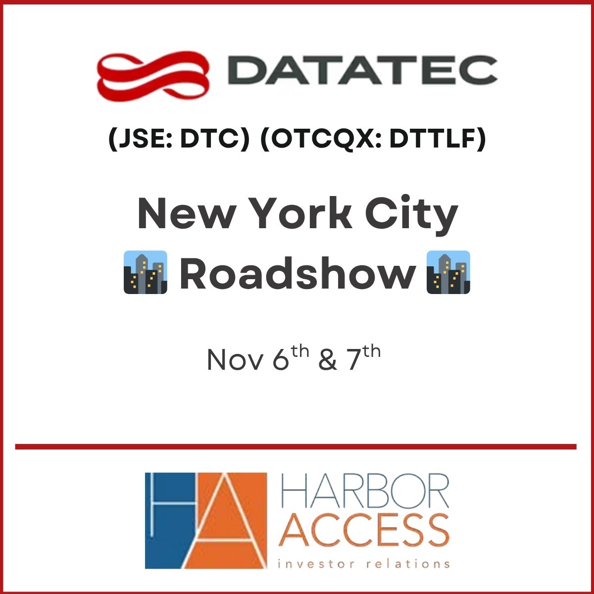 DatatecLtd's tweet photo. @DatatecLtd is heading stateside this week!

A great opportunity to meet with CEO Jens Montanana and CFO Ivan Dittrich.

Reach out to jonathan.paterson@harbor-access.com to set up a meeting! https://t.co/ZyYvp9Y2Jr