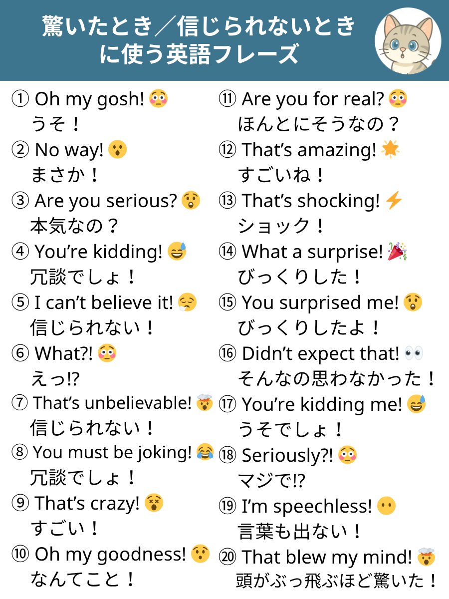 NekorinEnglish's tweet photo. 海外在住13年だけど、「驚いたとき／信じられないとき」に使う英語表現20選をまとめました。アメリカ人はいろんなフレーズやジェスチャーで驚きを表現する。日本人は「オーマイガー！」ばかりを使いがち。でも、いろんな表現を覚えることで、グッとネイティブっぽくなれるよ。ブクマして覚えよう！ https://t.co/erERm9Z5n6