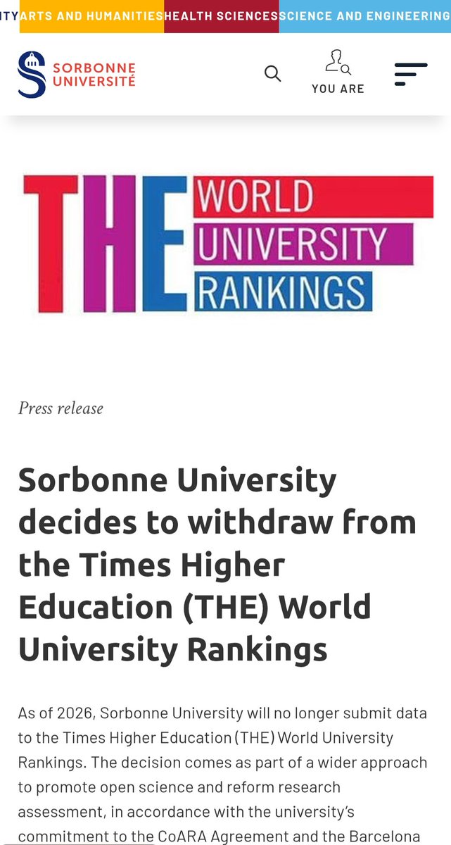 في خطوة وُصفت بأنها تاريخية وجريئة، أعلنت جامعة السوربون (Sorbonne University) انسحابها من تصنيفات Times Higher Education...!

مؤكدةً أن الوقت قد حان لإعادة تعريف مفهوم التميّز الأكاديمي بعيدًا عن الأنظمة التجارية المغلقة.

أبرز مبررات الانسحاب بحسب بيان الجامعة:

- غياب الشفافية