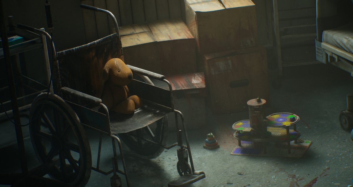 More frames from this relight done in UE5:

For overall ambient color I went with a cool greenish tone, so the warm light and the toys stand out more.